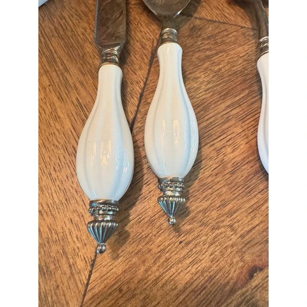 Godinger Silver Plated Serving Set 5pc White‎ Ceramic Handles Vintage Flatware
